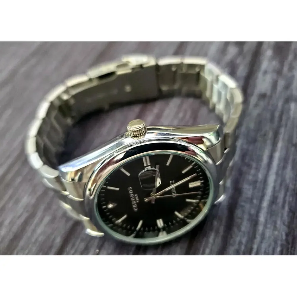 Vintage Chronos Men's Date Watch Black‎ Enamel Diamond Dial